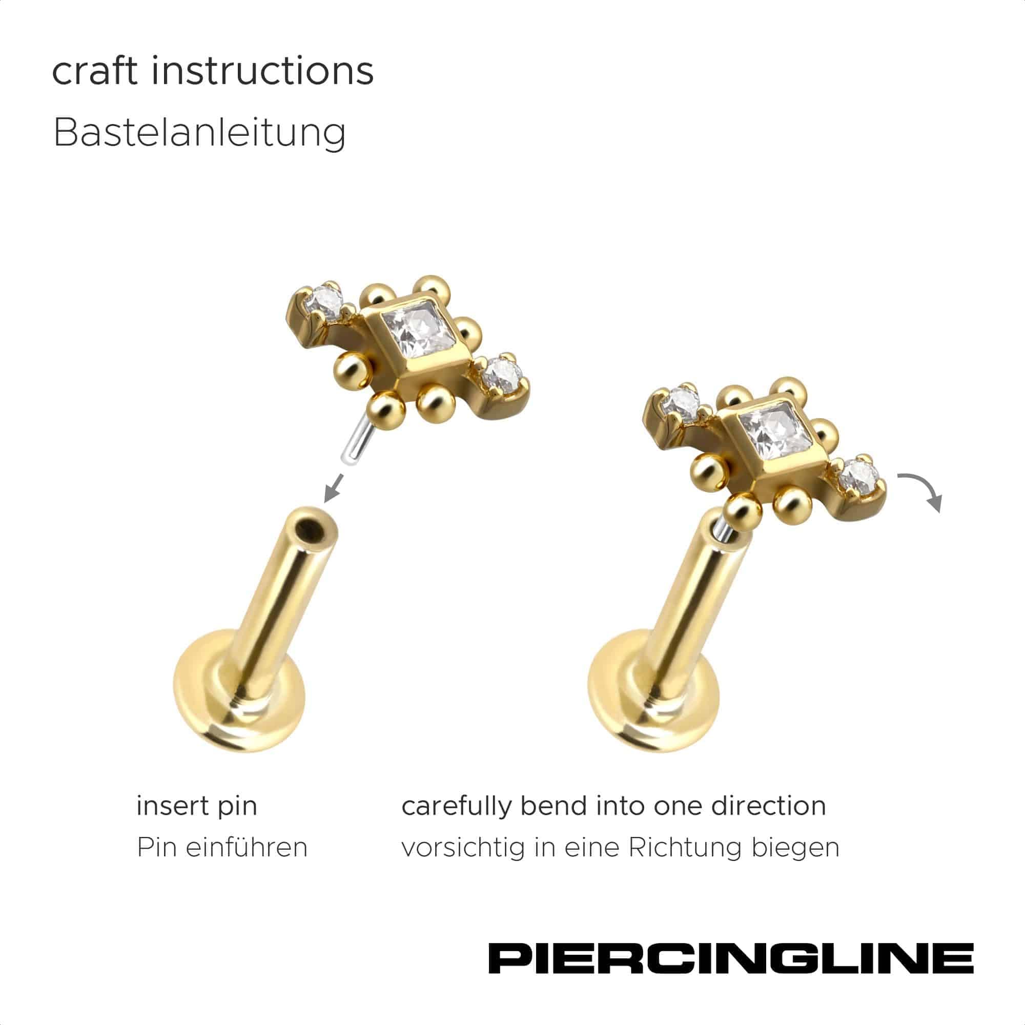 PIERCINGLINE Piercing Stecker 14 Gold Labret mit Push Fit 3 MOISSANITE + KUGELN 585er Gold - Roségoldfarben, Goldfarben, Silberfarben