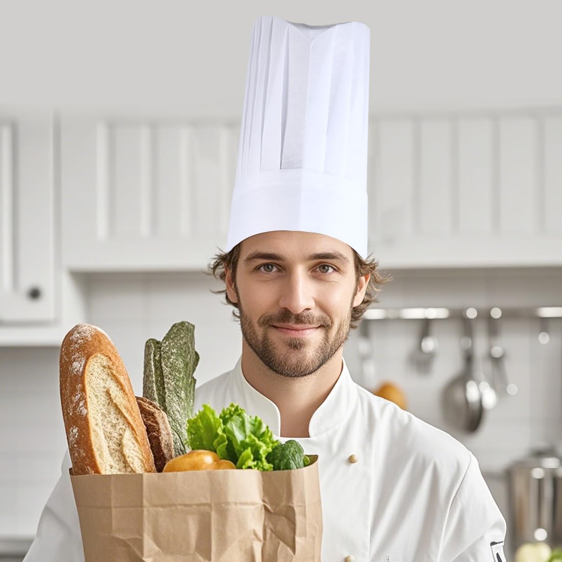 Yeios Paquete de 24 sombreros de chef altos, desechables, ajustables, sombreros de panadería para adultos, panadero, cocina, cocinero, gorra de chef de 11.8 pulgadas de alto, color blanco