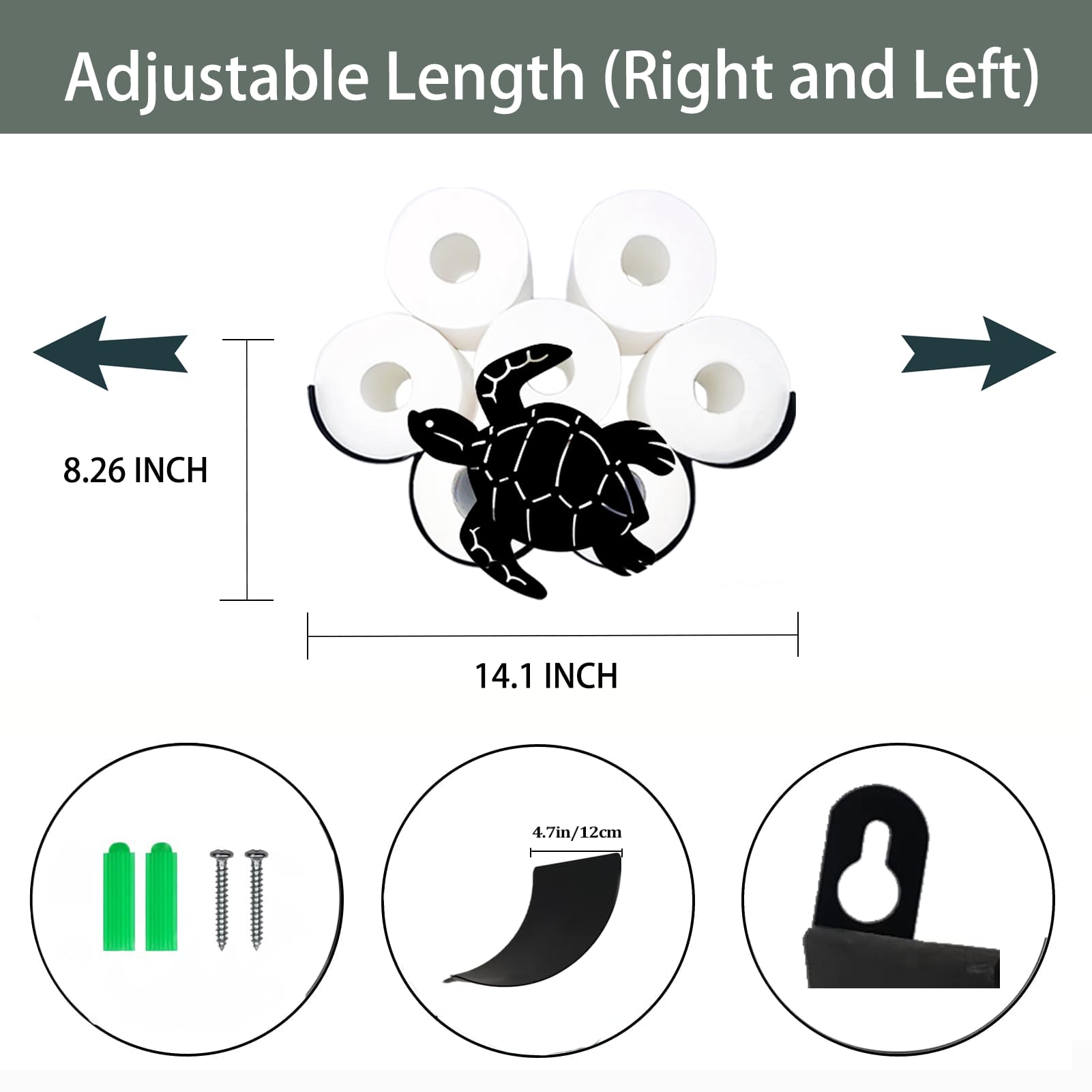 Turtle - Soporte de metal para papel higiénico para pared, soporte de pañuelos negro, soportes decorativos de animales, almacenamiento para baños, organizador de pared con capacidad para