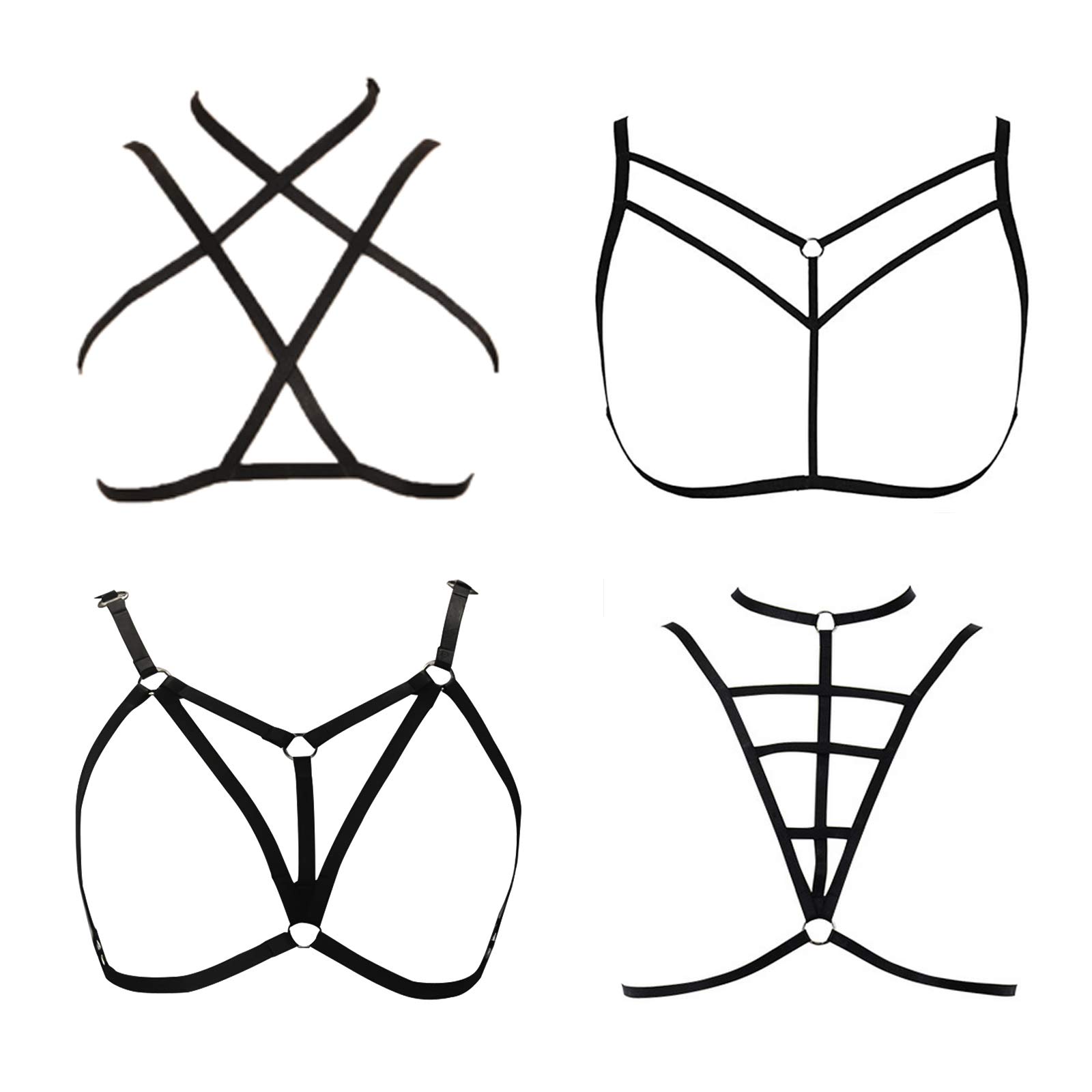 LIVE4COOL Women Harness Elastic Cupless Cage Bra Sexy Lingerie for Women Adjustable Hollow Out Crop Top Exotic Strap Bra: Black Kit