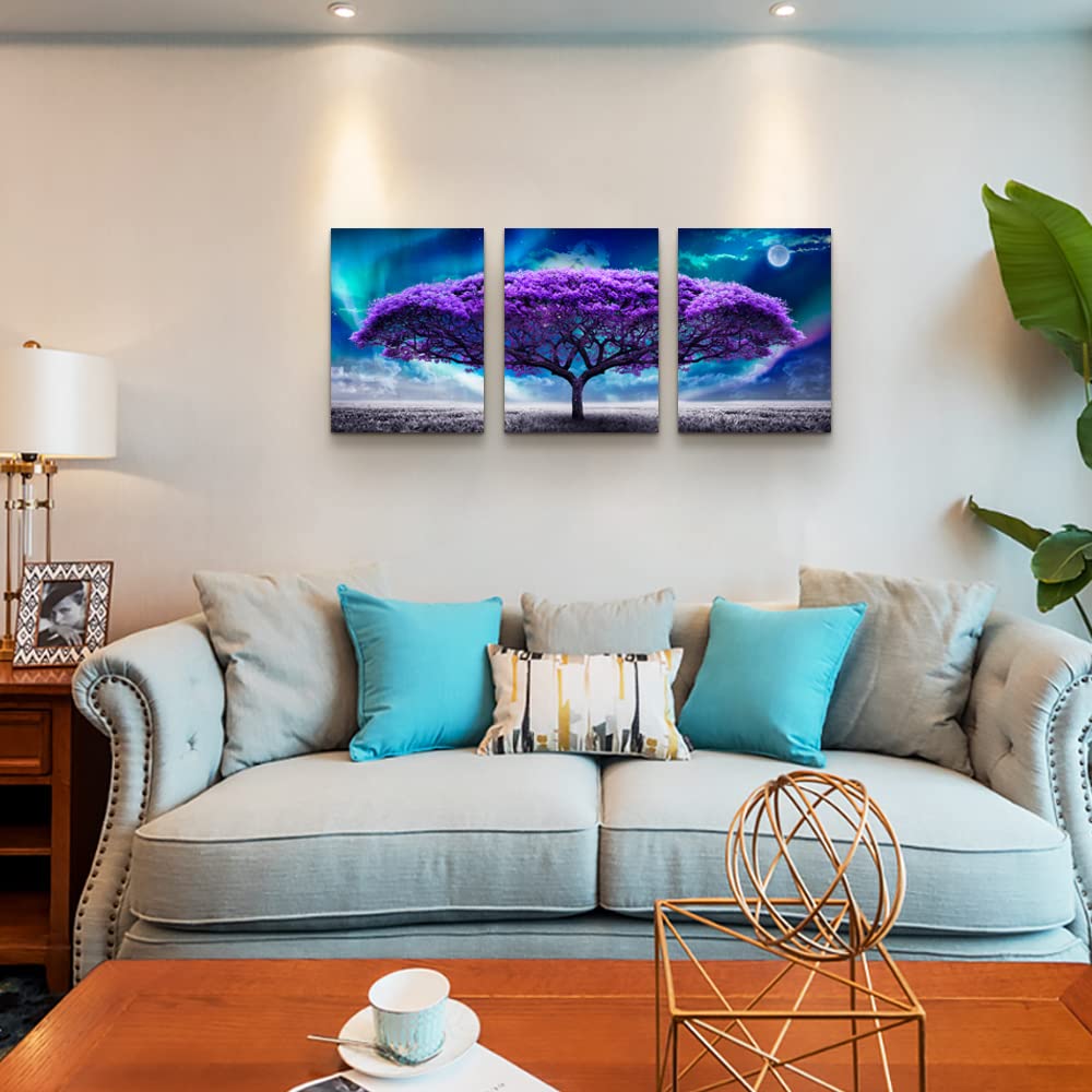 Canvas Wall Art For Living Room Boho Wall Decor For Bedroom Farmhouse Wall Pictures Aurora Purple Tree Scenery Wall Painting Office Canvas Prints Modern Dormitory Home Decorations 12" X 16" 3 Piece