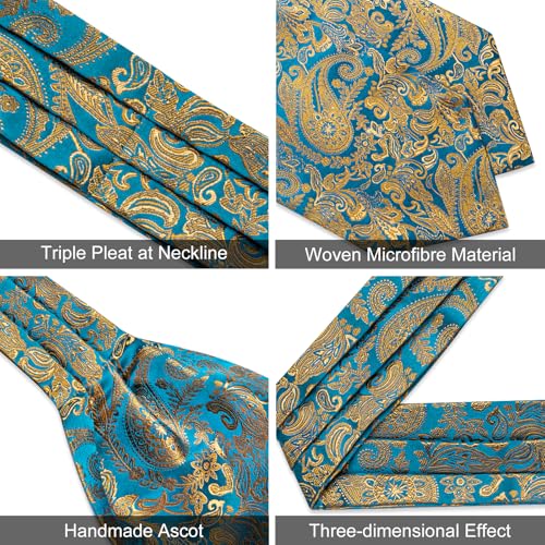 Image of DiBanGu 3PCS Ascot Ties for Men Wedding Jacquard Woven Silk Ascot Cravat for Men Cravat Tie and Pocket Square Set