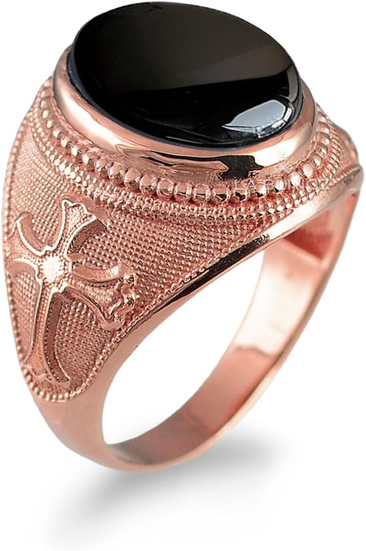 14K Rose Gold Fleur de Lis Cross Black Onyx Oval Gemstone Ring