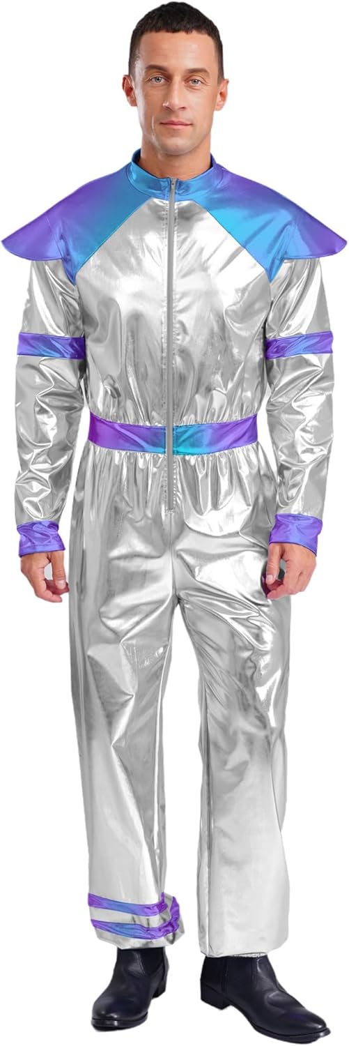 Moily Adult Men Adult Astronaut Costume Spandex Bodysuit 70s 80s Disco Outfits for Festival Party Raves