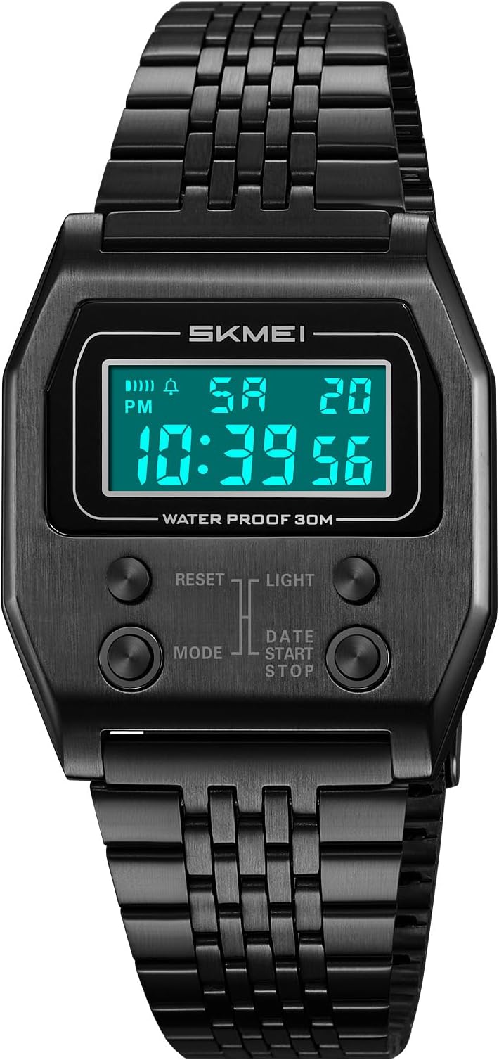 Retro Rectangle Digital Watch for Men Classic Stylish Design Multifunction Gold Stainless Steel Business Men Wristwatch with Alarm, Stopwatch, Countdown