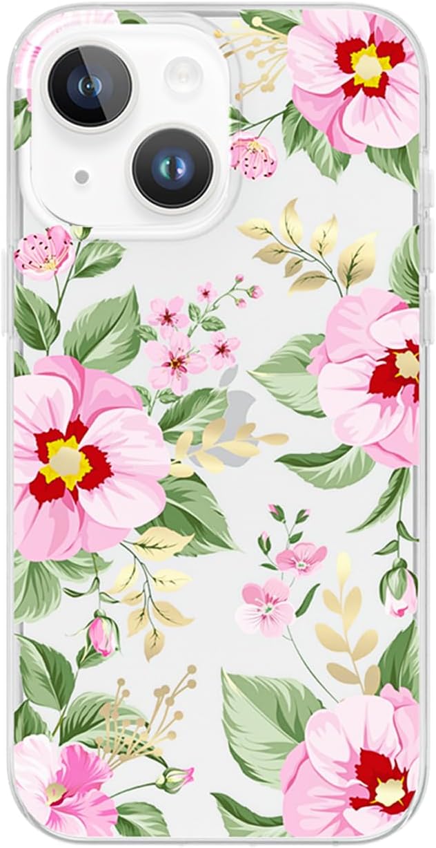 SCORPIFY for iPhone 13 Case with Pink Primrose Floral Design, Cute Clear Flower Phone Cover for Women Girls, [10FT MIL-Grade Drop Protection] Slim Bumper with Gold Accents