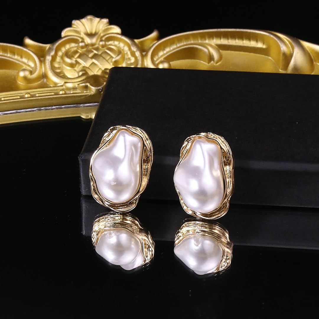 Baroque Pearl Earrings for Women Chunky Gold Big Pearl Statement Stud Earrings Irregular Vintage Small Hoop Earring Trendy Jewelry Accessories - Image 6