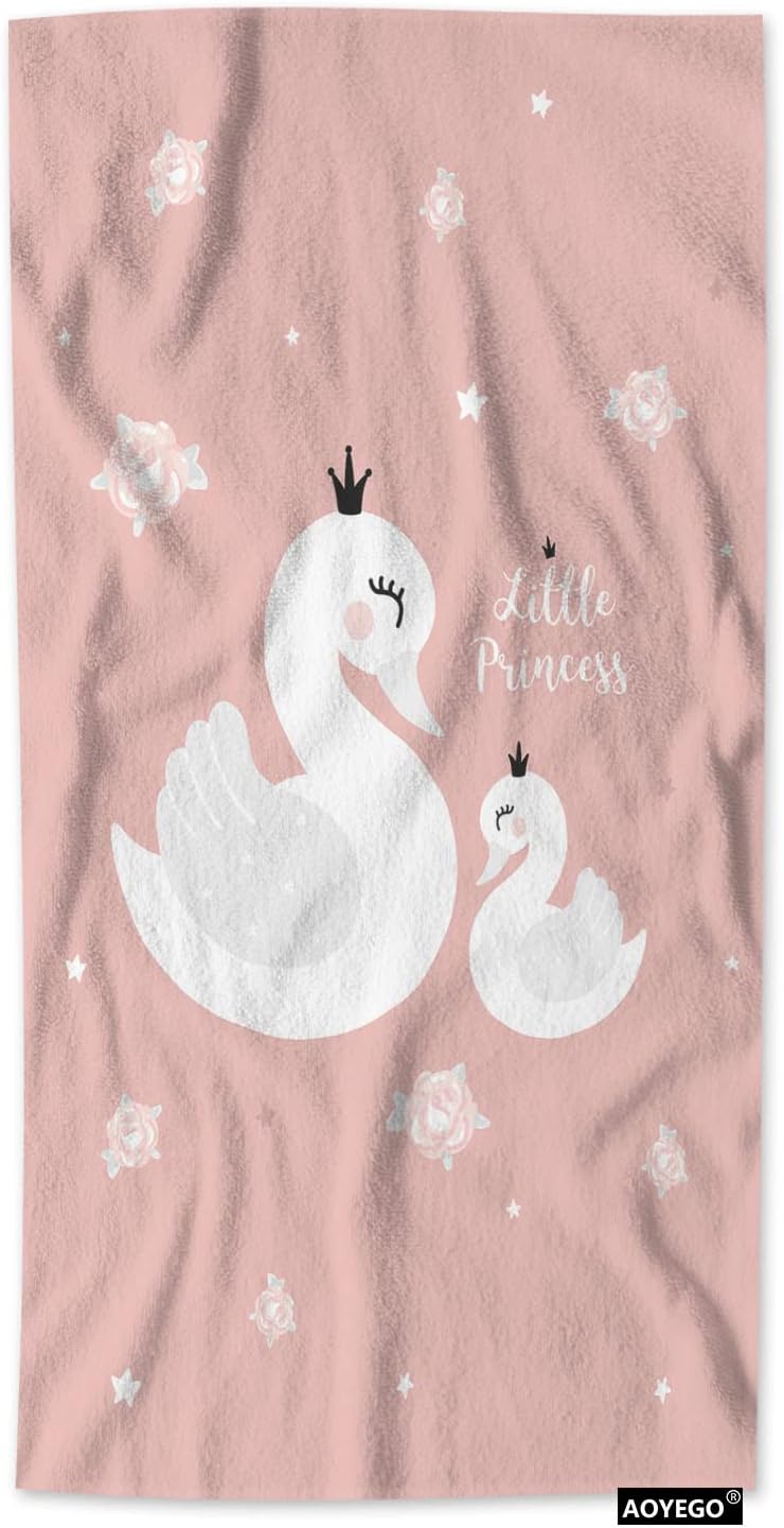 AOYEGOSwan Bath Towel Cute Animal Swan Princess Mother Baby Girl with Crowns Rose Flowers Pink Beach Bath Towels Soft Microfiber Yoga/Golf/Swim/Hair/Face Towels 15x30 Inch