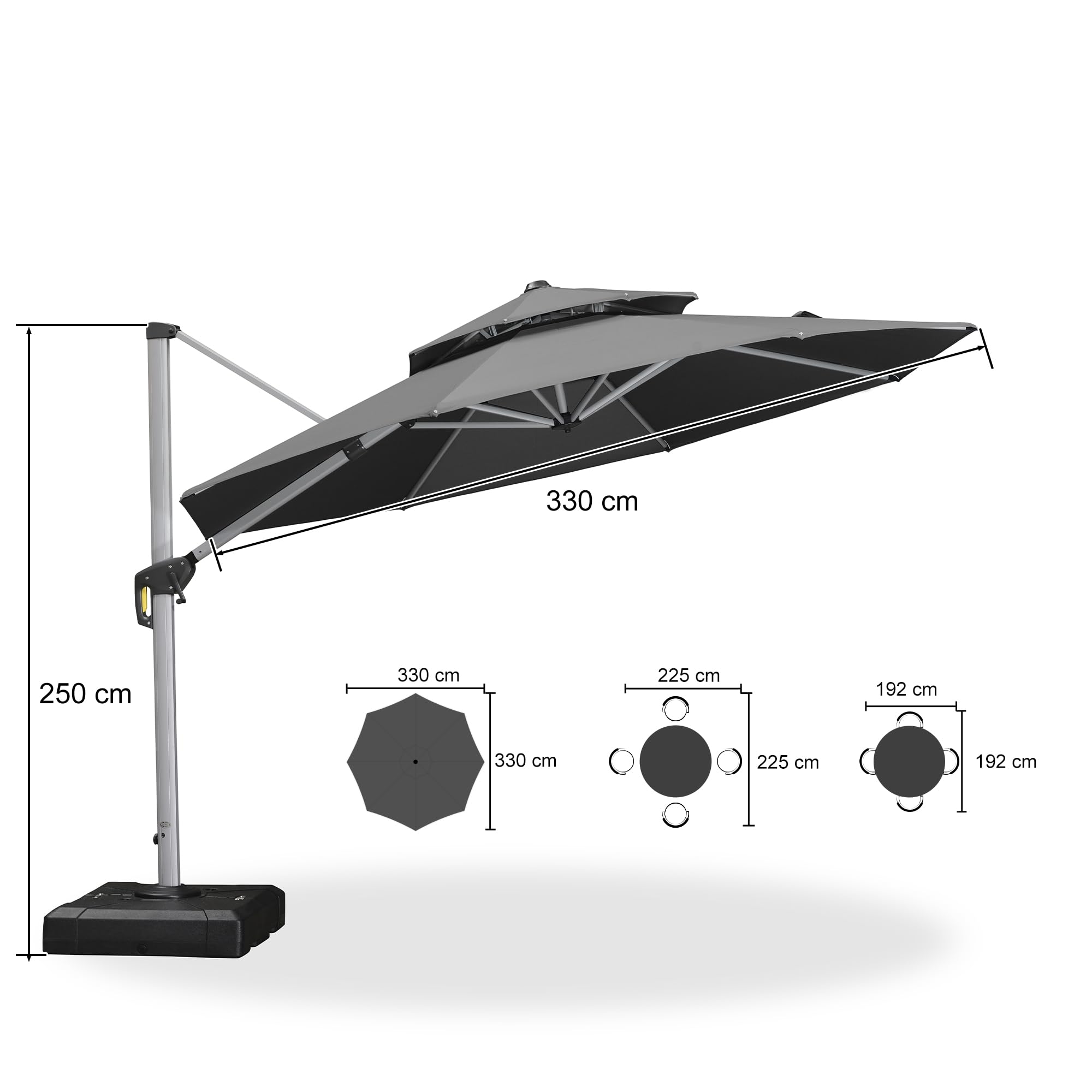 PURPLE LEAF Ampelschirm Rund 330 cm mit Ständer, Bespannung Polyester, Grau | 6-fach Verstellbar, Sanfte 360°-Drehung, Schirmständer, Doppeldach-Belüftung, Stabiler Rostfreier Alurahmen, Ampelschirm