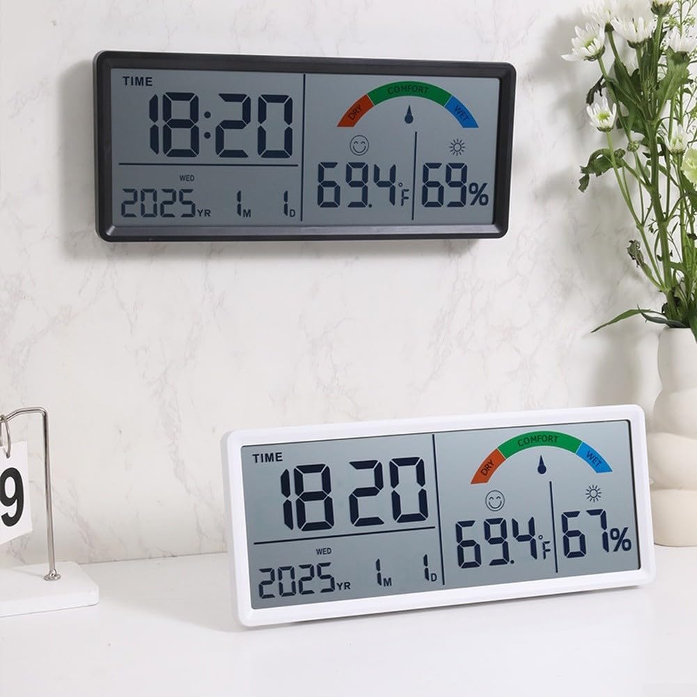 Grande orologio da parete digitale LCD con display a temperatura e umidità, calendario sveglia e formato 24 ore, moderno orologio da scrivania rettangolare elettronico per soggiorno