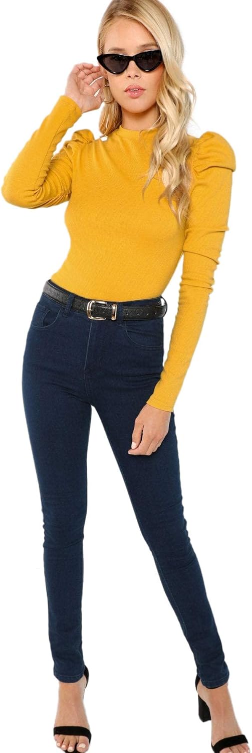 Floerns Women's Solid Puff Sleeve Crew Neck Casual T Shirt Top Medium Yellow a