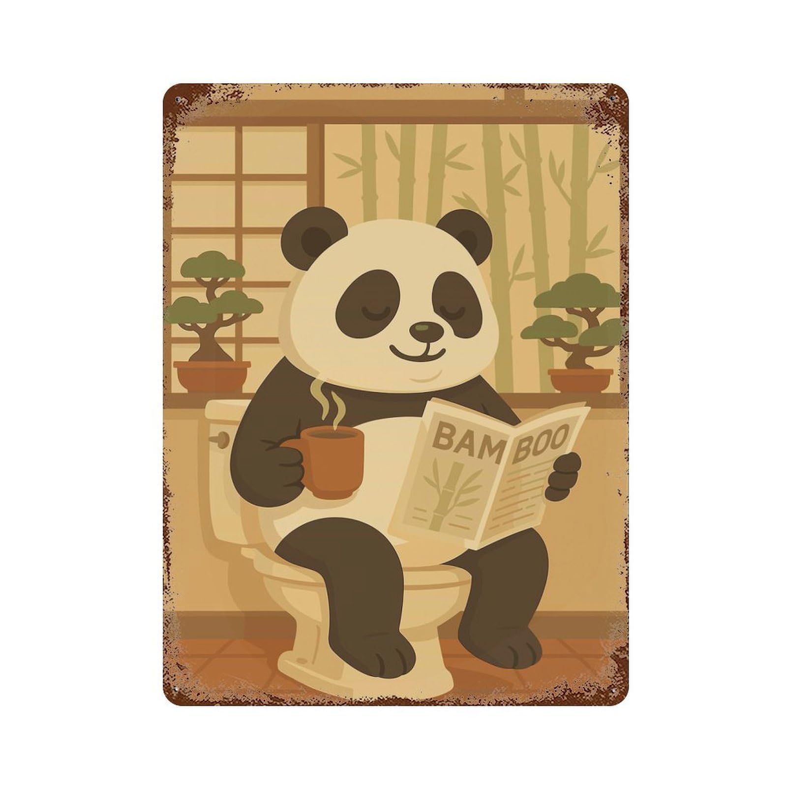 Garage Style Panda on Toilet Reading Newspaper Distressed Metal Wall Sign 15.7"x11.8", Decorative Metal Wall Art for Bar And Workshop