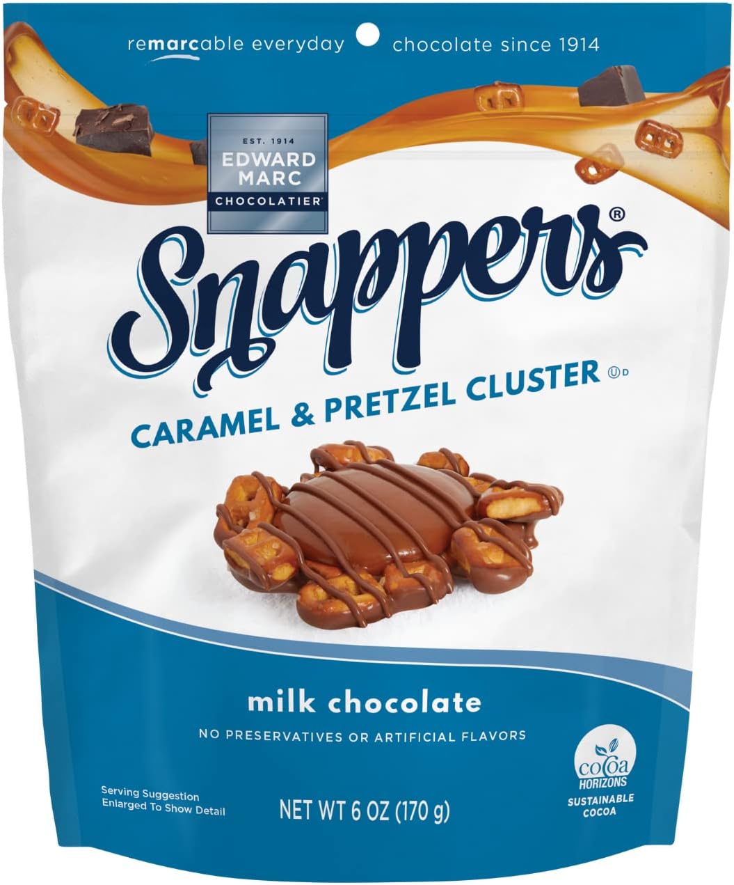 Edward Marc Snappers Sweet Caramel & Pretzels Cluster - Crunchy Pretzel Snack With Milk Chocolate For Adults And Kids - 6 oz (pack of 1)