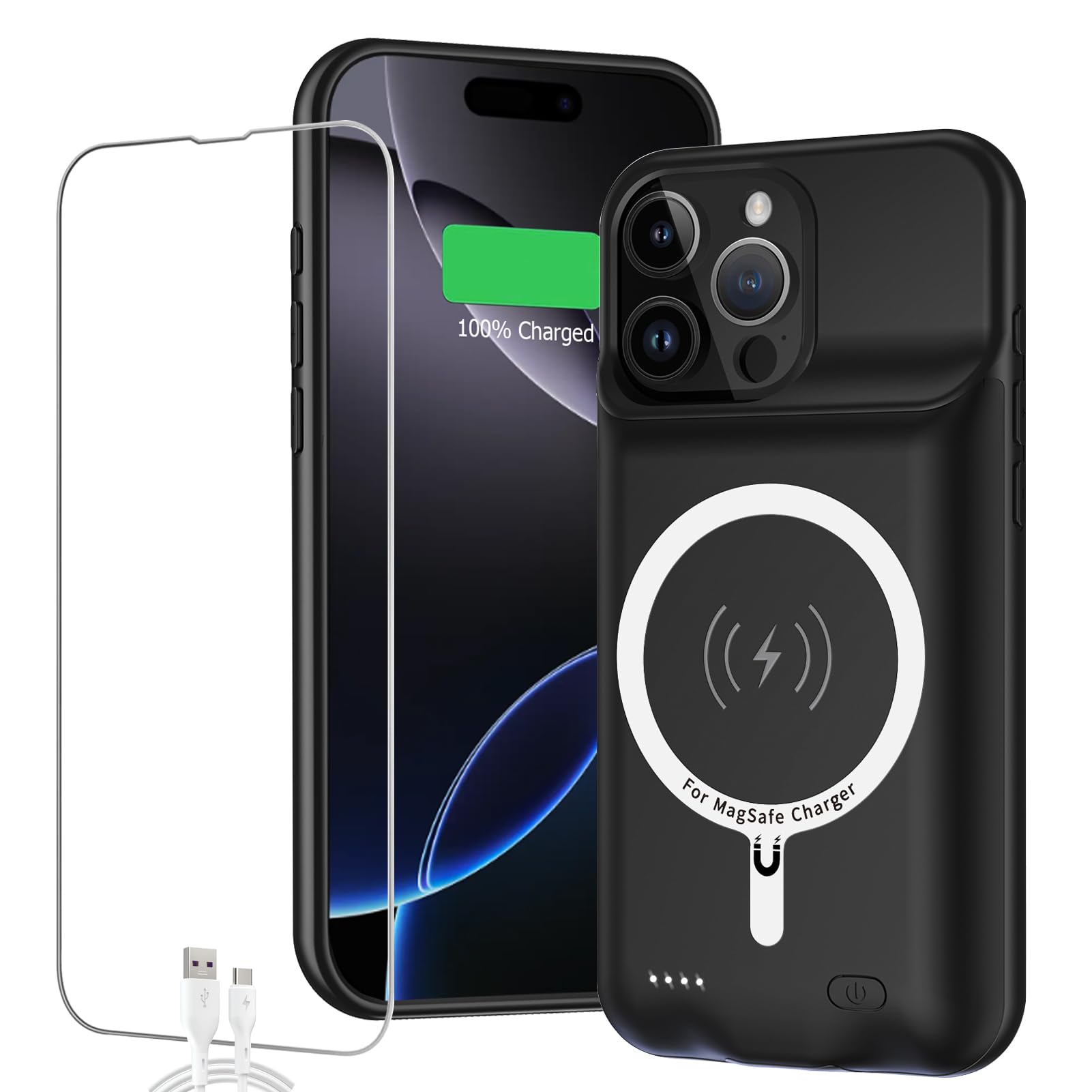 Battery Case for iPhone 16 Pro, Full Encircle 10000mAh High Capacity Rechargeable Portable Charger Case Extended Battery Pack for iPhone 16 Pro (6.3 inch) Wireless Charging Cover with Carplay-Black