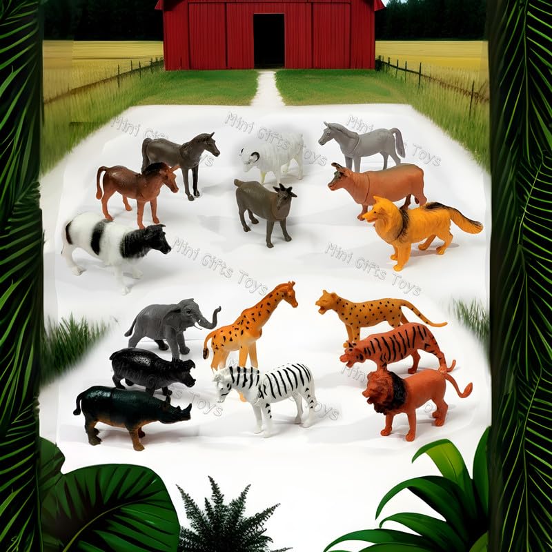 Image of BABRO - Animal Toy Set for Kids, Bucket with Farm and Wild Rubber Animal Toy Set (16 Pcs)