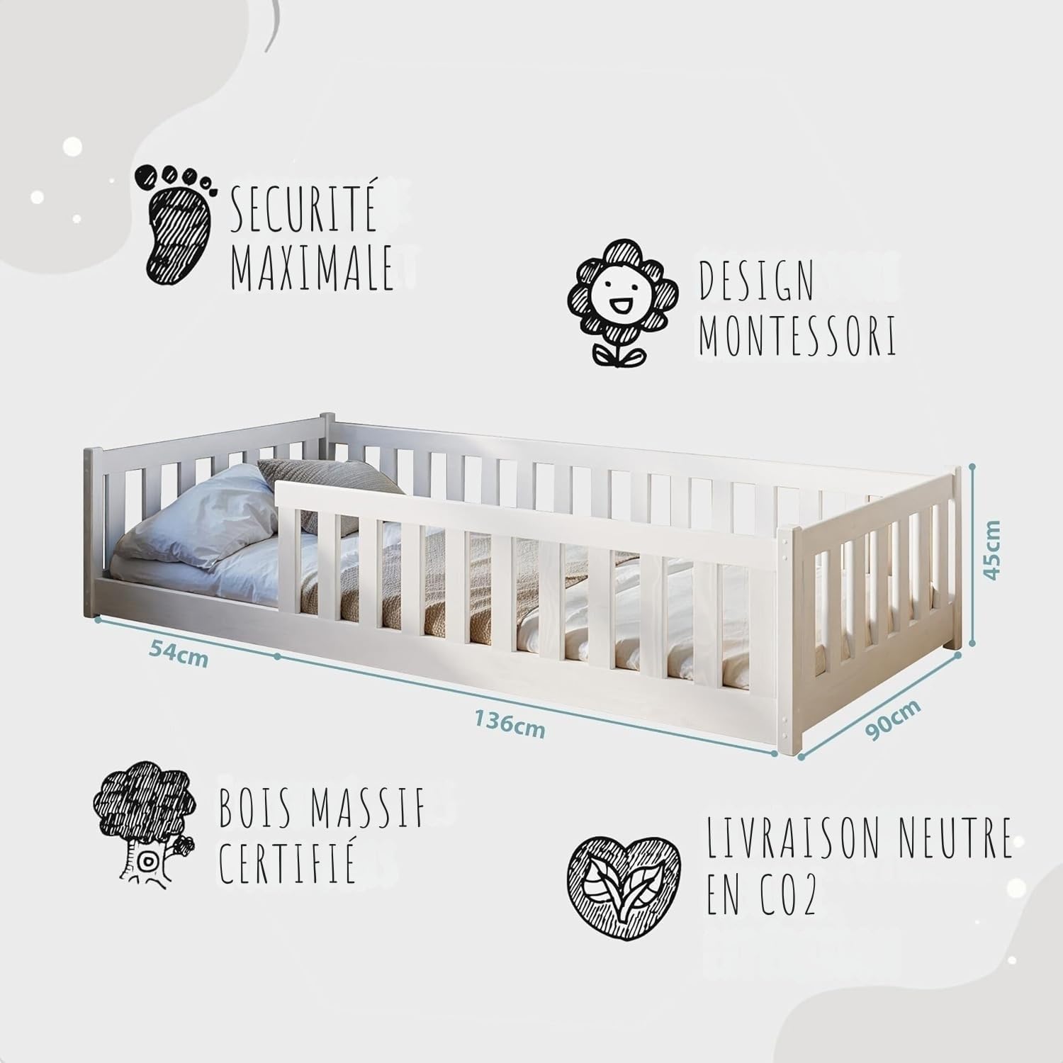 Lit Cabane Enfant FetiNes 90x190cm - Bois Pin Massif - Style Montessori