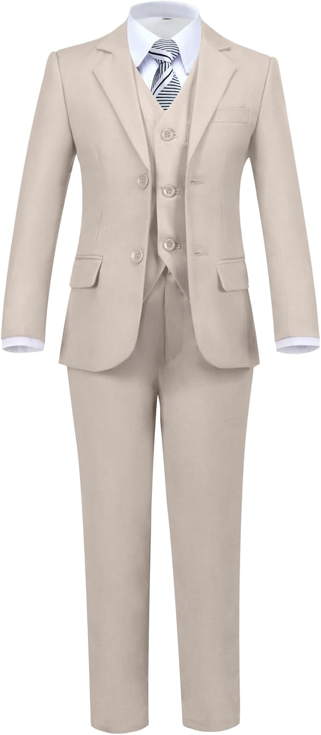 Boys' 5 Piece Formal Suit Set with Suit Jacket, Vest, Pants, Collared Dress Shirt, and Tie