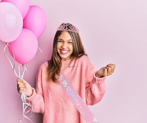 Miniatura 8 de Juego de tira y tiara para cumpleaños número 13, corona de diamantes de imitación, corona de diamantes de imitación, globo de aluminio de 32