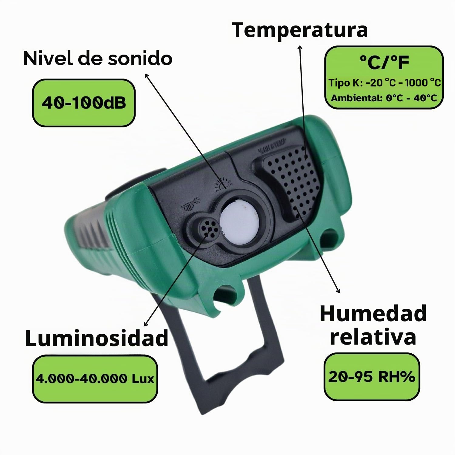 KPS-MT490 Multímetro Digital con medición de Temperatura Humedad Relativa Nivel Sonoro y Luminosidad - Tensión AC/DC 600V Corriente AC/DC 10A