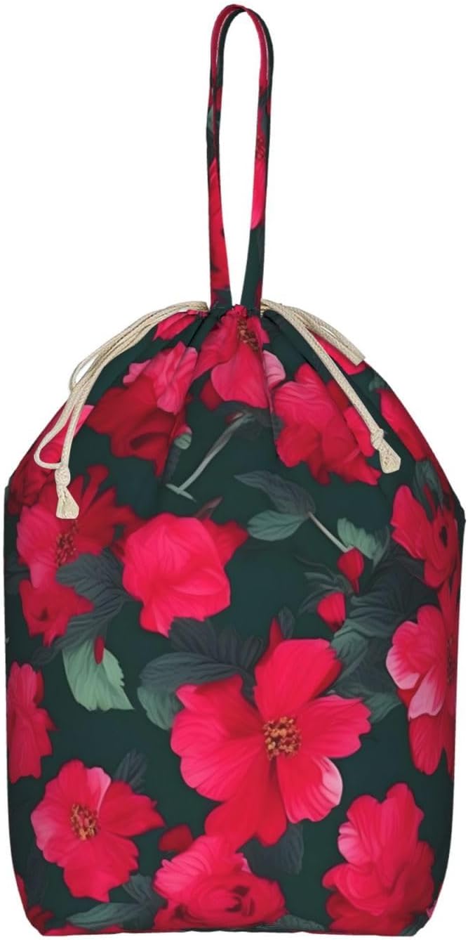 Oxford Red Pink Flower Print Large-capacity drawstring laundry bag with Handles for Dorm,Hotel