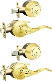 Brotima 2-Pack Keyed Alike Polished Brass Door Lever Deadbolt Set - Single Cylinder Entry Lock for Exterior Doors, Bedrooms