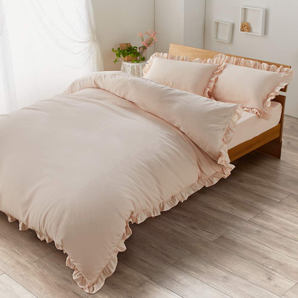 クリーム色 フリル付きカバーセット クイーンサイズ