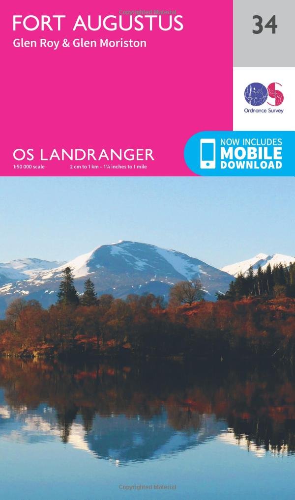 Ordnance Survey Landranger 34 Fort Augustus, Glen Roy & Glen Moriston Map With Digital Version Pink