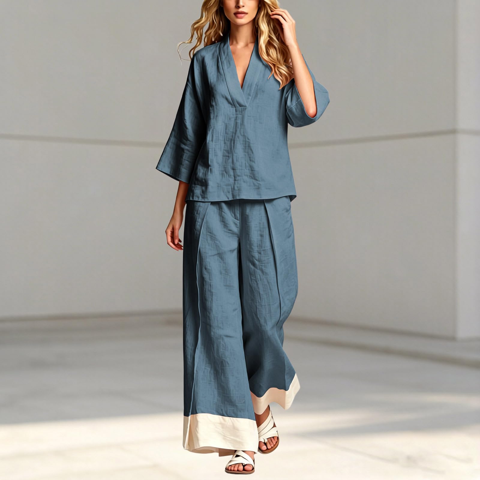 Generisch Damen Sommeroutfit mit französischem Kragen Bluse weiter Hose – leichtes atmungsaktives Set für Reise Büro Freizeit Alltag Date Shopping (Blue, S)