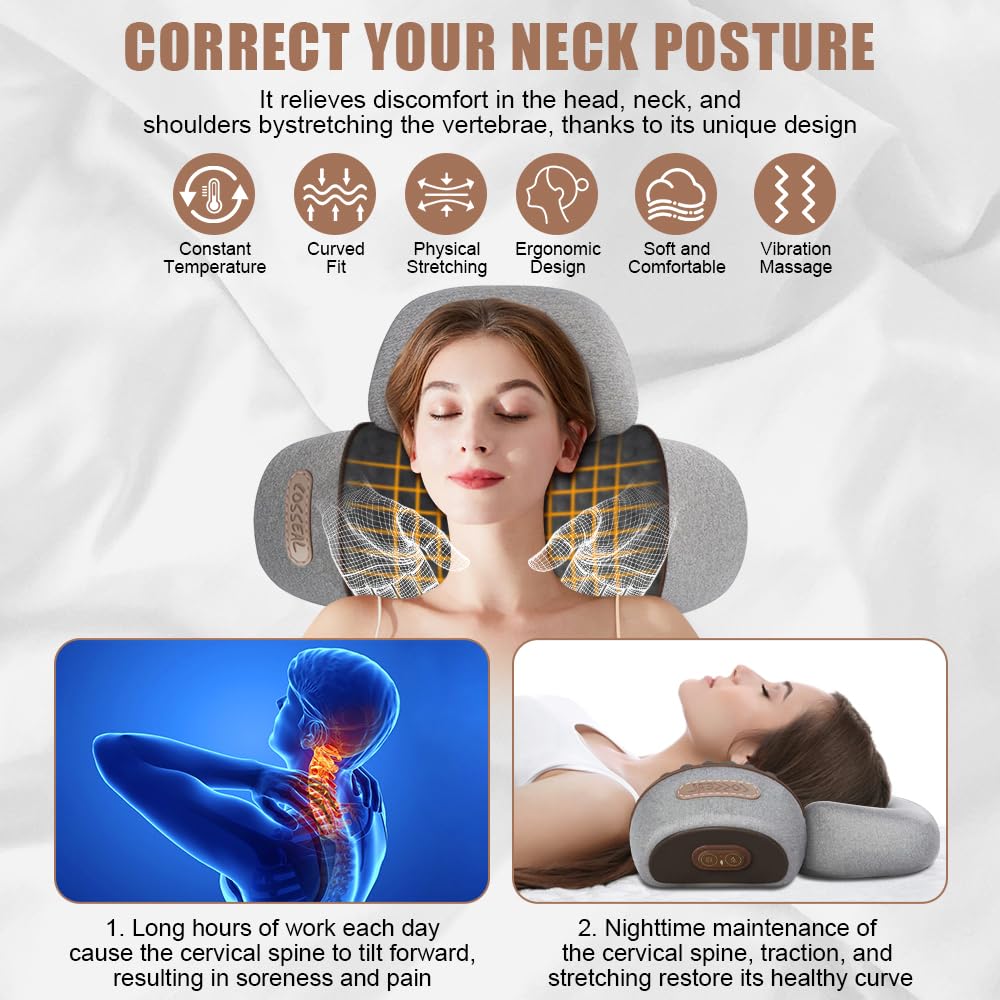 3-in-1 Nackenmassagegerät mit Wärme: Nackenmassagekissen Elektrisch mit Vibration und Ziehung - Entspannungskissen für Nacken|Rücken|Beine - Zervikales Massagekissen