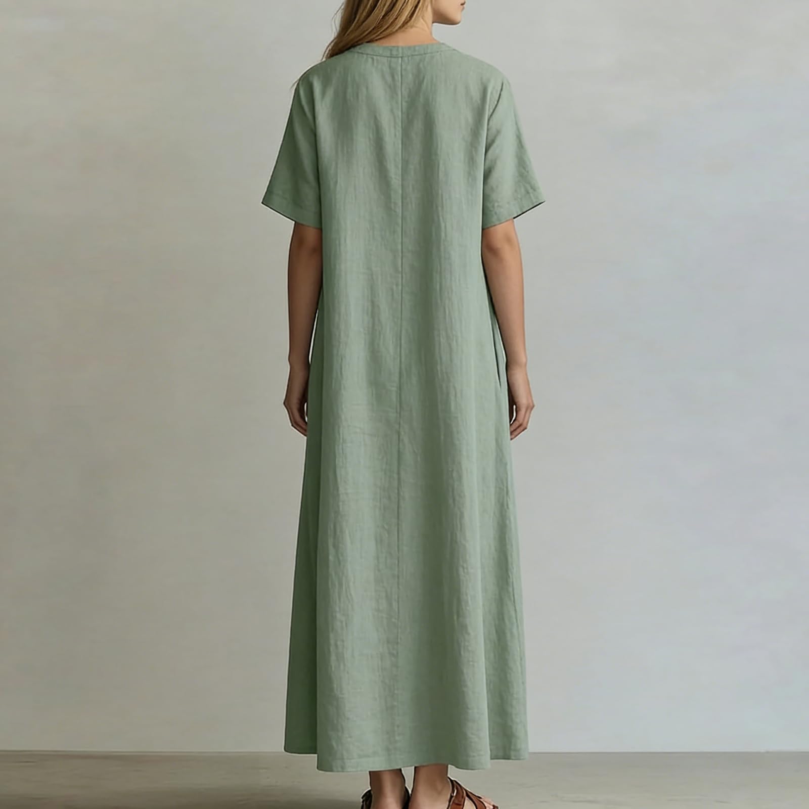 Maxikleider Damen Sommer mit Ärmel Sommerkleid Lang Elegant Plissee Kleid Kurzarm V Ausschnitt Kleider Baumwolle Leinen Sommerkleider Leicht Und Luftig A Linie Damenkleider mit Taschen Casual