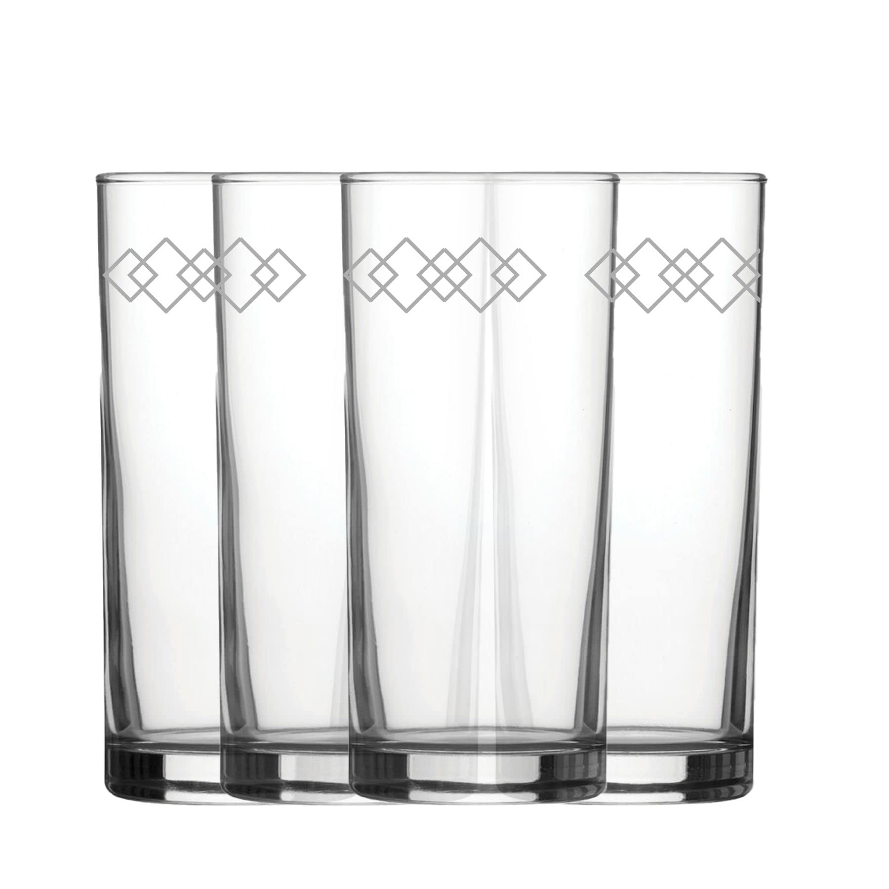 Engraved Squares Patterned Hiball, Set of Four 12oz/340ml Water and Cocktail Glasses, Laser Engraved in The UK, Gift for Him or Her, Birthday Gift, House Warming Gift