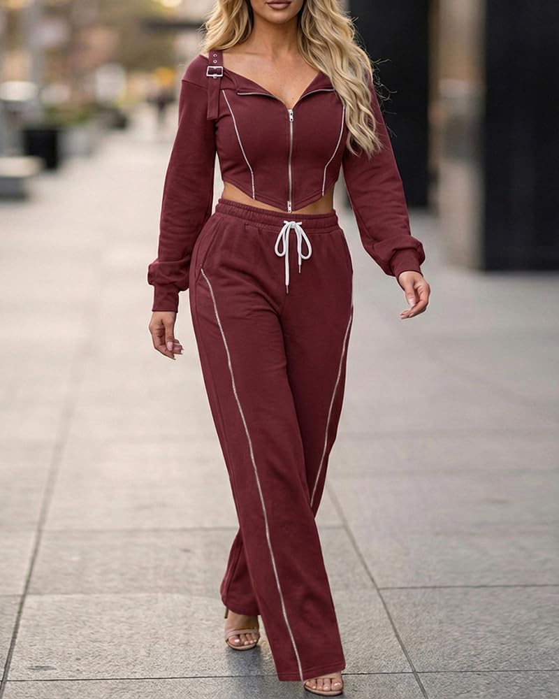 CHICME Two Pieces Sets for Women Spring Cold Shoulder Long Sleeve Tops Wide Leg Pants Matching Lounge Sets Airport Outfit - Image 3