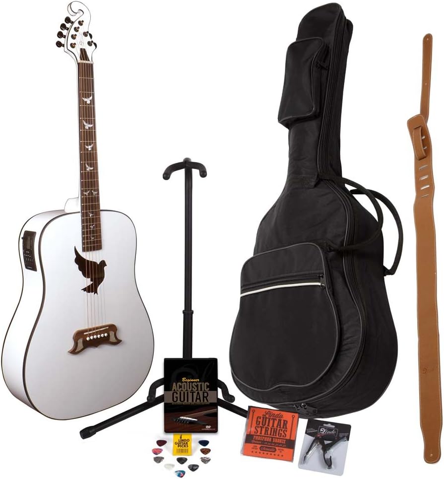 Lindo White Dove Electro-Acoustic Guitar with LCD Tuner XLR/Carry Bag & Full Accessory Pack (gig bag, guitar stand, strings, strap, 10 plectrums, DVD, capo)