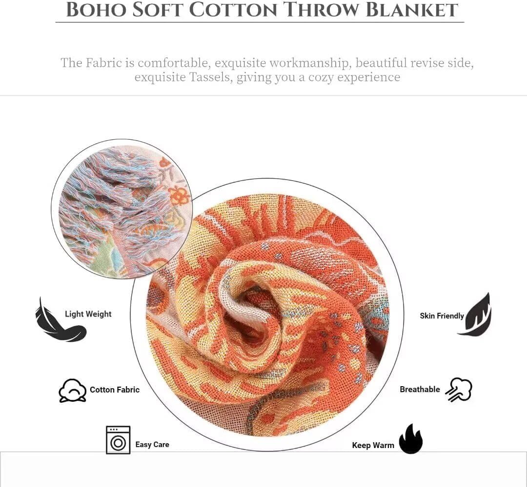 Boho Throw Blanket for Bed 100% Cotton Bohemian Blankets Ultra Soft Woven Muslin Decorative Blankets All Seasons Vintage Quilt Knitted Blanket for Sofa Chair(Orange, 60"x80")
