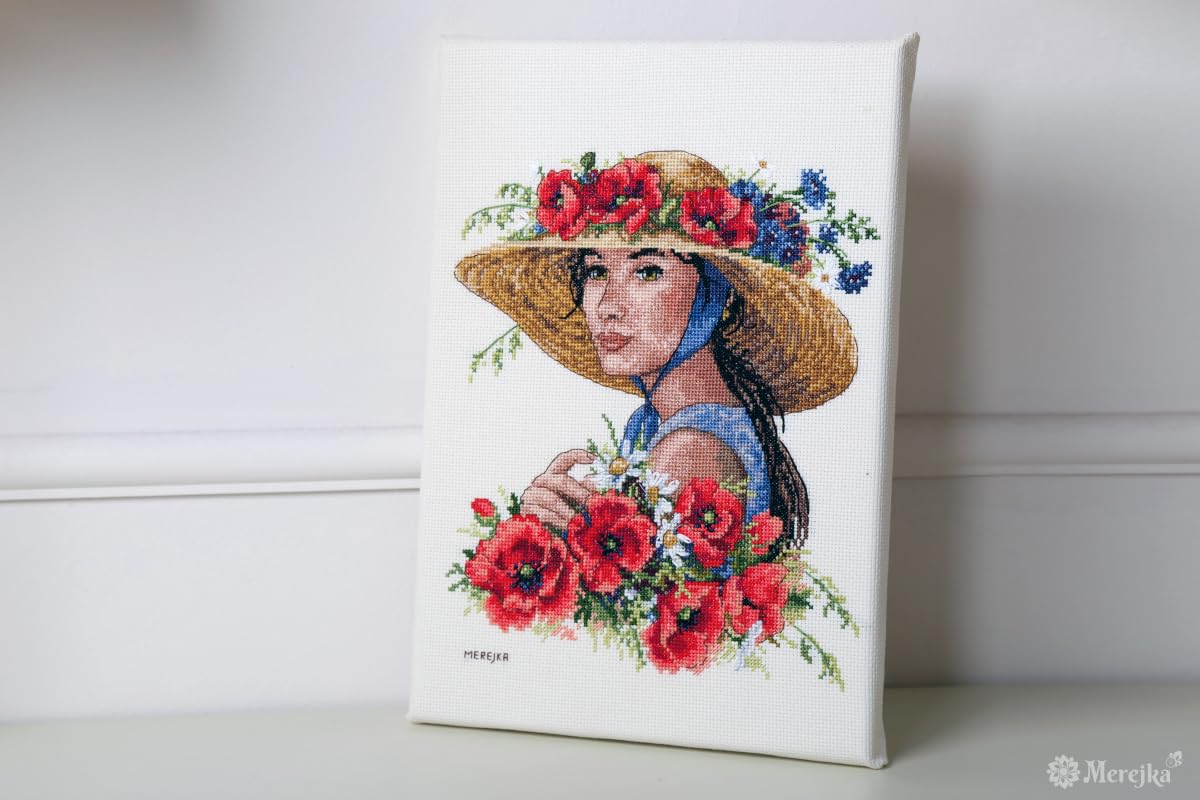 Merejka Kit de broderie au point de croix avec chapeau de fleur, Loisir Créatif Adulte, Kit Activité Manuelle