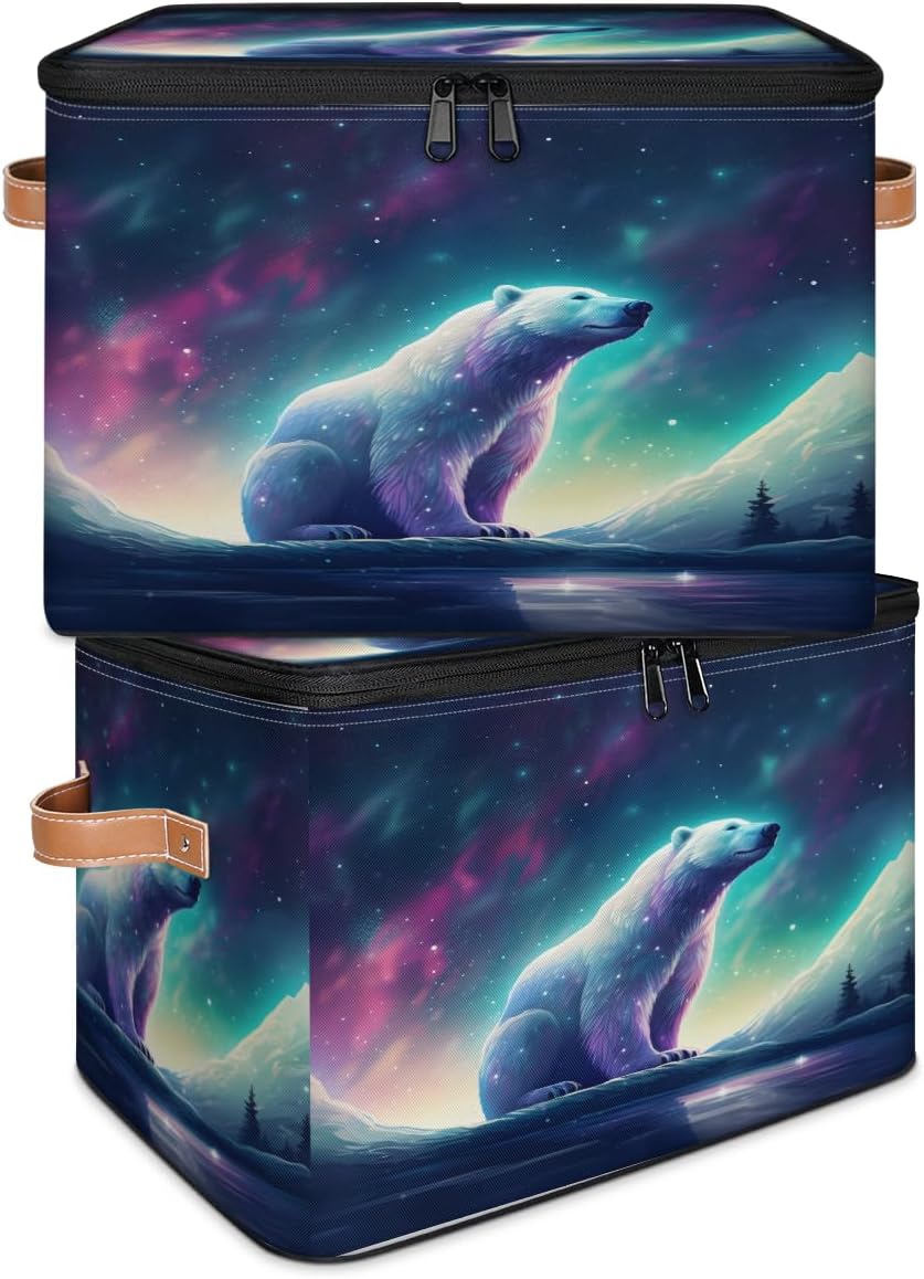 Storage Bin Set of 2 Galaxy Bear Storage Basket with Zipper Lid & Handle Foldable Closet Shelf 2 Pack Cloth Organizer Basket Cube Bins Clothes Organizer for Bedroom, Nursery
