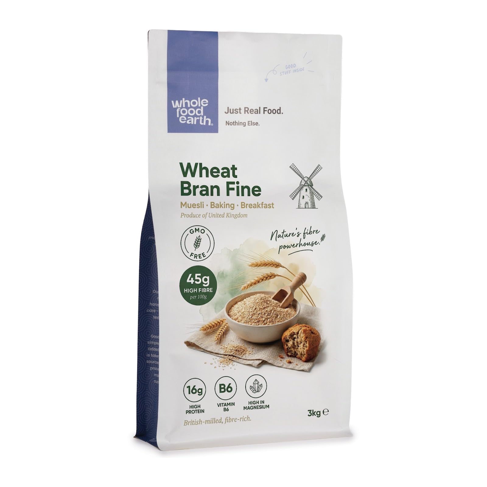 Wholefood Earth Wheat Bran Fine 3kg | High in Fibre | Natural Wheat Bran for Baking & Cereal | Vegan | GMO Free | No Added Sugar