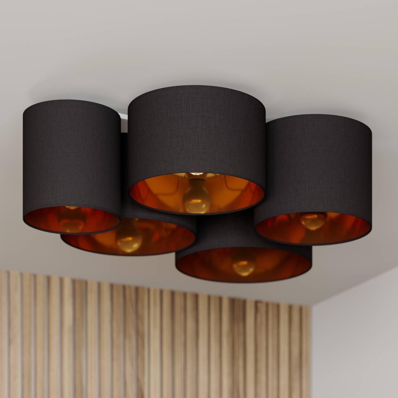 Lindby Stoff Deckenlampe schwarz-gold, 5 Schirme Ø 20 25 28 30 32 cm 5x E27 max. 60W ohne Leuchtmittel Textil Deckenleuchte Wohnzimmerlampe