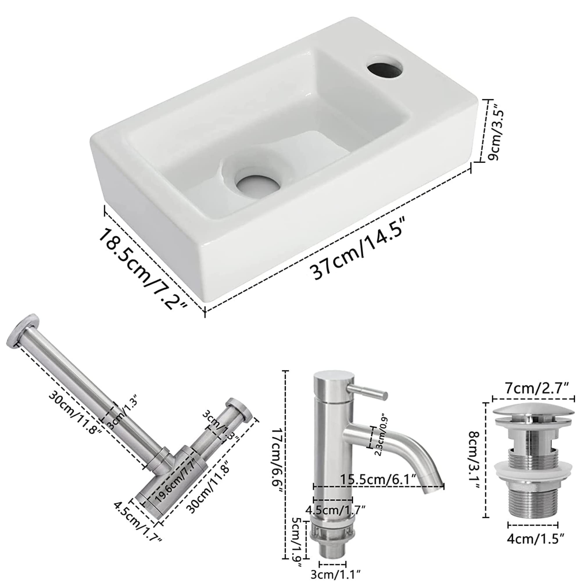 OUUTMEE Lavabo de pared, para diestros, 370 x 185 x 90 mm, lavabo pequeño sobre encimera, lavabo de pared o sobre encimera, inodoro de invitados, blanco, juego