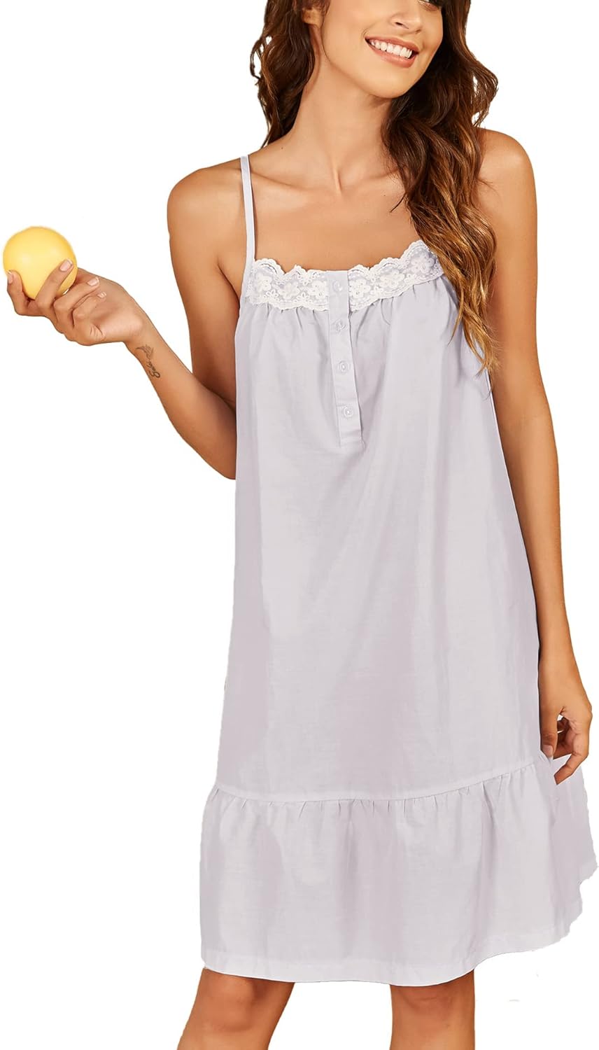 Ekouaer Women's 100% Cotton Lace Nightgown Sleeveless Sleep Dress Victorian Sleepshirt Button Strap Gown