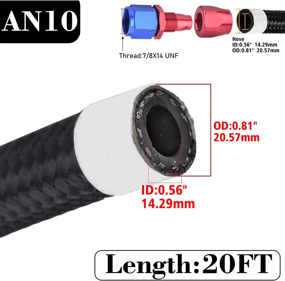 10AN Hose - AN10 Fuel Line tube Stainless Steel Nylon Braided Transmission Lines for fuel system, Cooler system, Clutch, Fluids, Gas,20FT Black