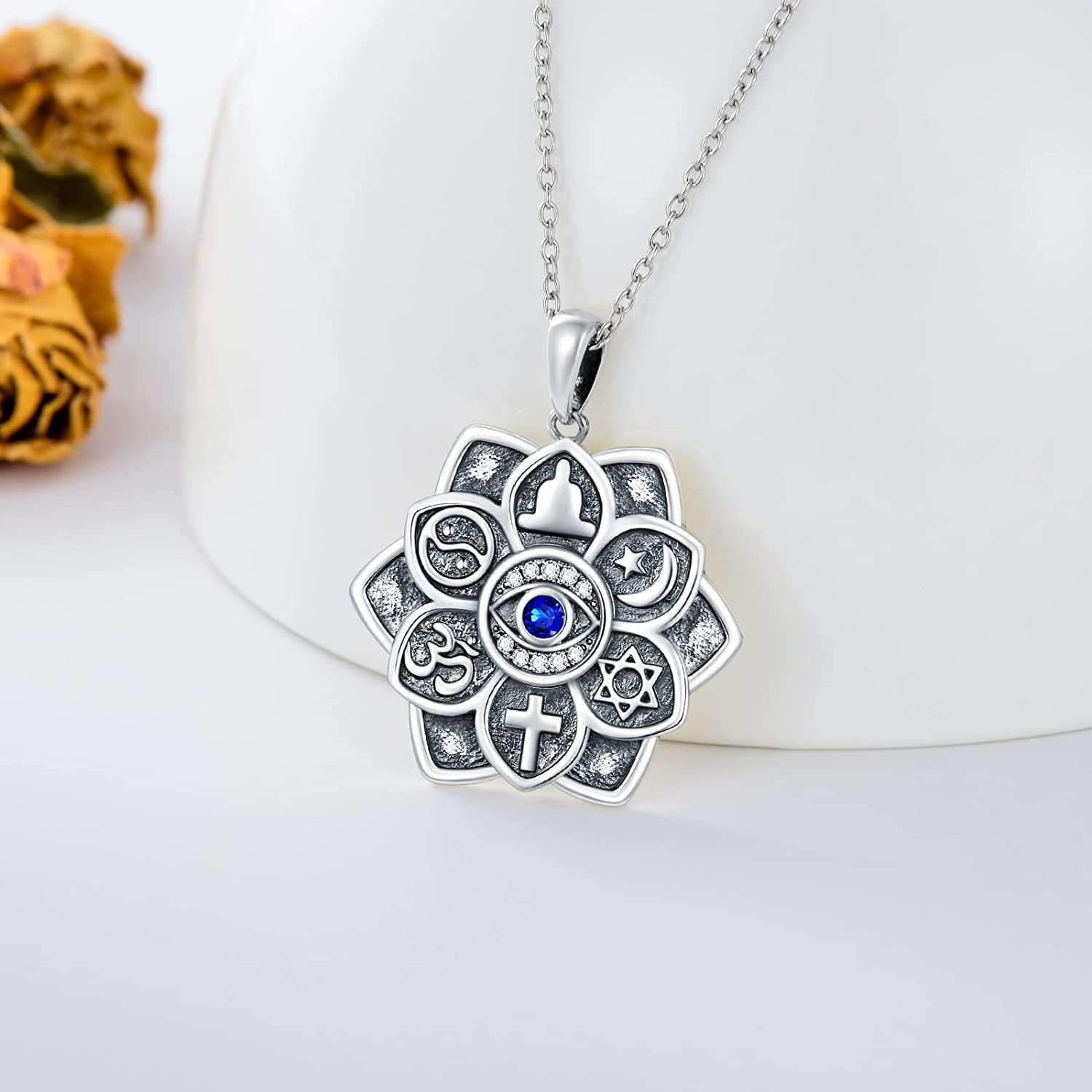ROMANTICWORK Lotusblume Evil Eye Kette Sterling Silber Lotusblüte Kette Lotus Mondstein Anhänger Halskette Yoga Geschenk Schmuck Amulett für Damen Mädchen
