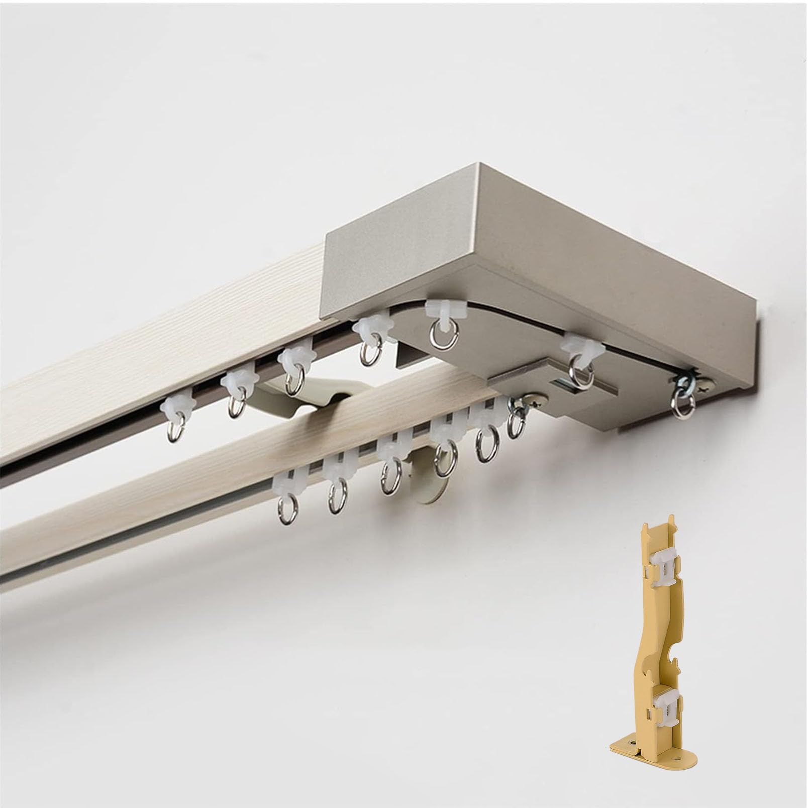 Podwójny karnisz, 3 m, naścienny, biały karnisz, wykończenie ze sztucznego drewna, aluminiowy, podwójny karnisz do ciężkich zasłon, idealny do dekoracji wnętrz