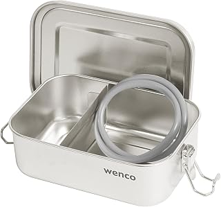 wenco Stainless Steel Lunch Box, with 2 Compartments, Small Lunch Box with 650 ml, Waterproof, Dishwasher Safe, Including Spare Silicone Ring, 15 x 11.3 x 5 cm, Silver