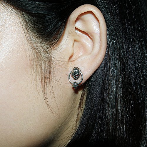 Unique Double Skull Dangle With Hoop Stainless Steel Crystal Earring Studs Gothic Biker Drop Earrings Men (Red) #TOP1