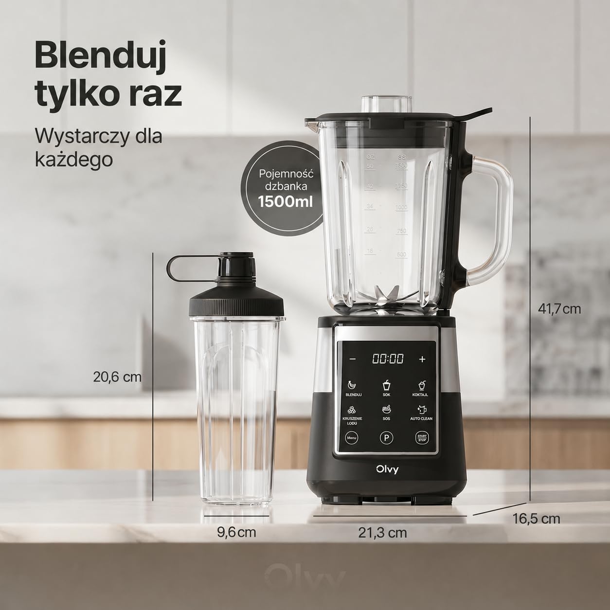 Olvy Blender Smoothie Maker 1500ml Szklany To-Go Timer LED 6 Noży-Black