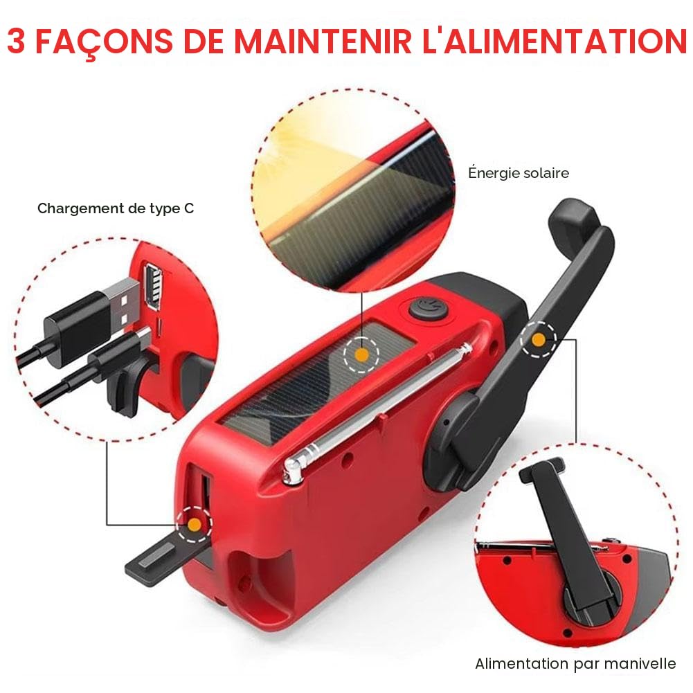 Radio d'urgence portable AM/FM avec manivelle solaire, chargeur USB, alarme SOS et lampe LED rouge