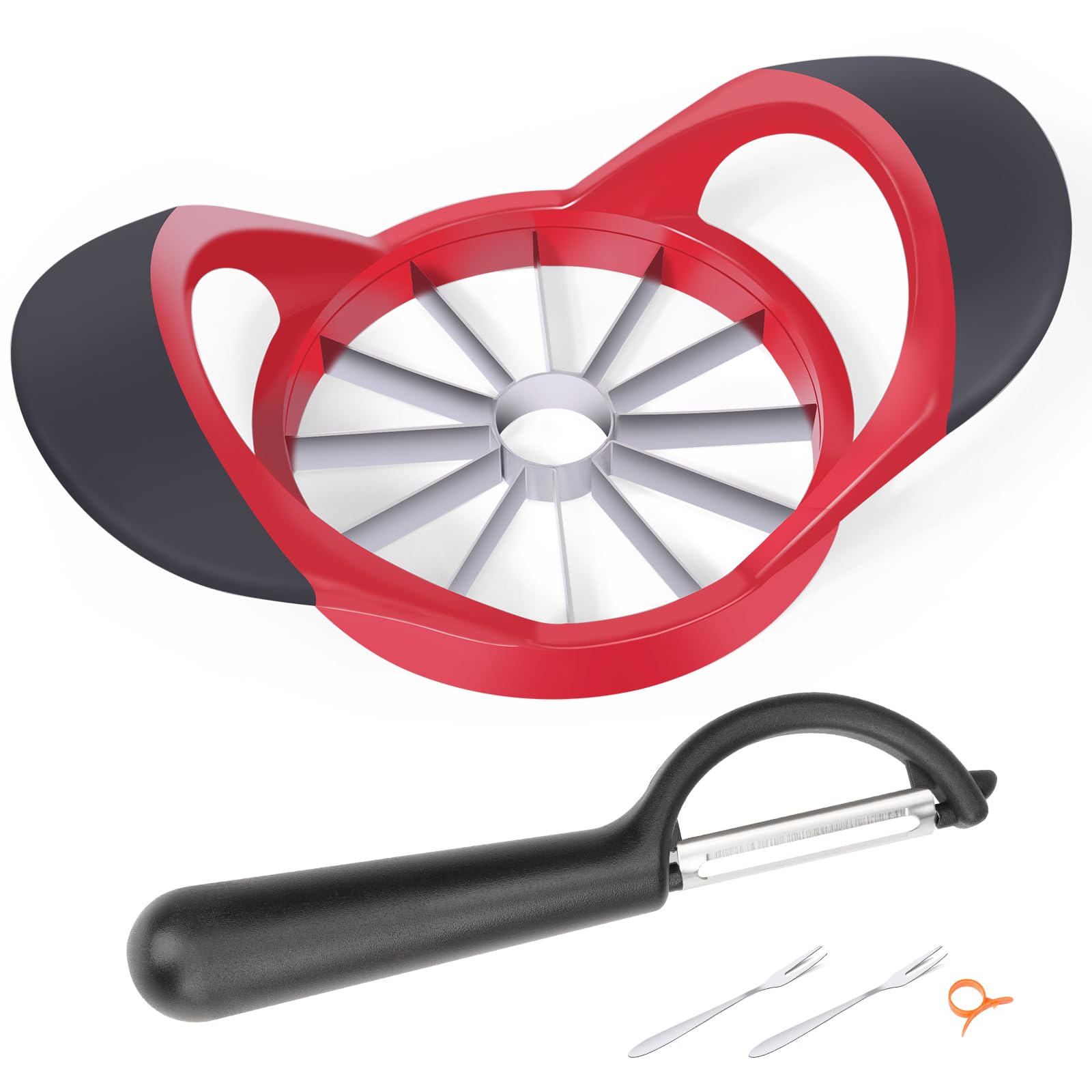 4.72 Inch 12 Super Sharp Stainless Steel Blades Apple Slicer, Corer and Divider, 1 Super Sharp Peeler, 2 Fruit Forks and 1 Orange Citrus Peeler Tool, Red