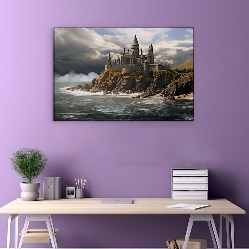 Medieval Castle's Majestic Stand Against Turquoise Seas and Stormy Skies Large, Decor, Office, Bedroom Wall. Size: 130x86 cm (51x34 inch) Canvas Wall Art - Modern Home Decor - 69x46 cm (27x18 inch)