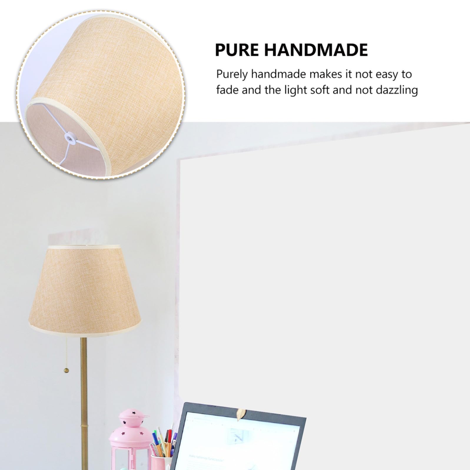 POPETPOP Pantalla de Lámpara E27 de Lino Beige para Mesa, Luz Suave y Hecha a Mano, Accesorio Natural y Cómodo para Escritorio o Mesita de Noche